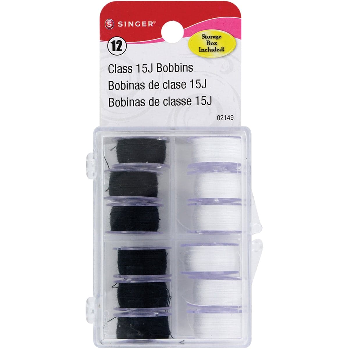 Singer Notions 2149 Transparent Plastic Class 15 Bobbins - Threaded in Case, Black & White - 12 per Pack