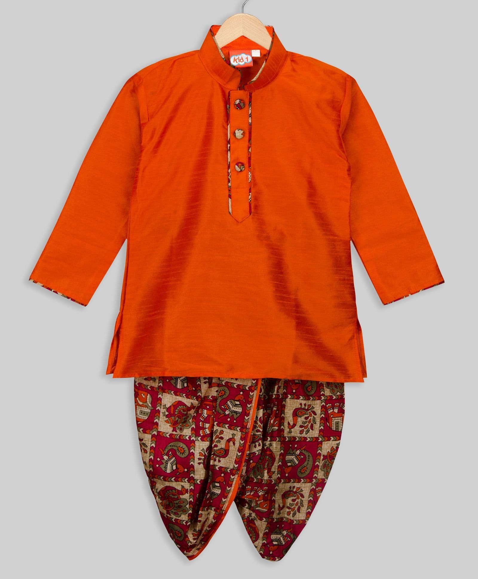 Kid1 Long Sleeves Solid Kurta & Printed Dhoti Set