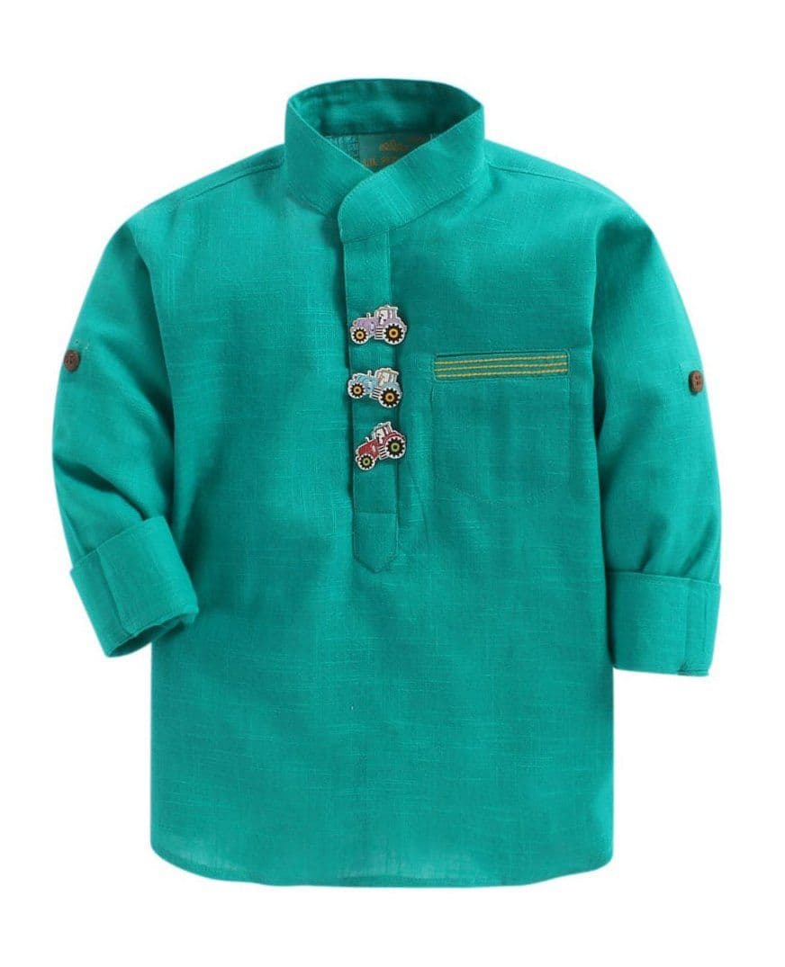 LIL PITAARA Solid Long Sleeves Shirt With Tractor Shaped Button - Green
