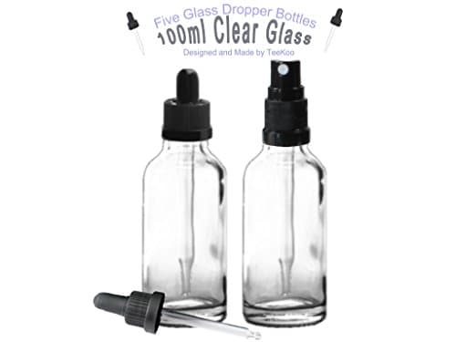  Five Glass Dropper Bottles with Child Proof Caps + 5 Additional Atomizer/Spray Caps (Clear Glass, 100ml)