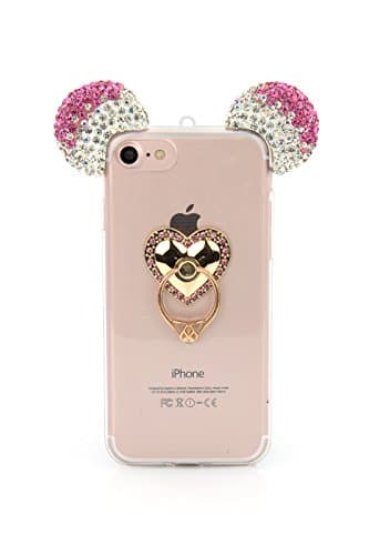 Glitter Ear Rhinestone Mouse Heart Ring Mobile-Phone-Case For iPhone 7 Plus / 8 Plus Protective Skin Luxury Soft Clear Transparent Stand Finger-Holder Smartphone Glitter Slim Cover Bling Sparkle
