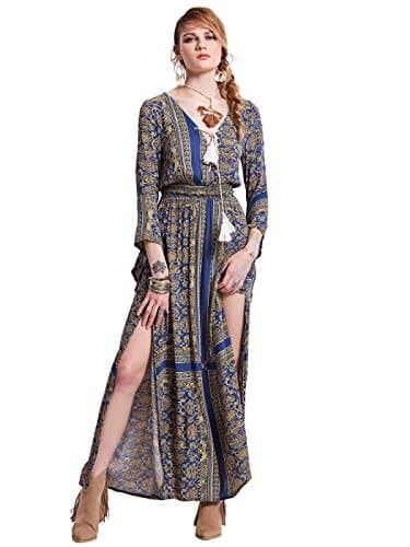 Bohoartist V-Neck Lace-Up Geometric Pattern 3/4 Sleeve Maxi Dress (S)