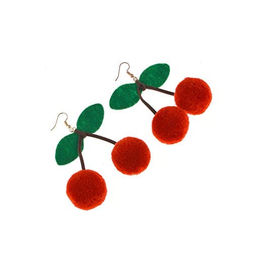 1 Pair Red Cherry Pom Pom Ball Drops Dangle Earrings Ear Studs for Women Girls Jewelry (Cherry Earrings)