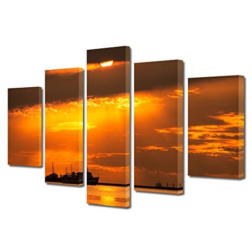 HEARTWORK Print on Canvas 5 Panels Big ships, M Size, 80 x 150 cm (32 x 59 inch), Stretched on Wooden Frame and Ready to Hang Decorative Home Art, HD Quality Picture, Modern Canvas Print, For Home & Office