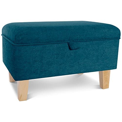 Storage Footstool Ottoman, Chenille Fabric Rectangular Footrest With Real Wood Legs (Small 50x33x32cm (LxWxH), Teal)