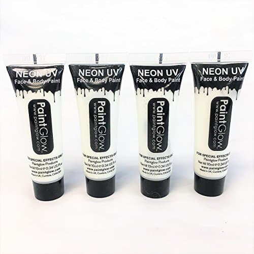 UV Reactive Intense White Face and Body Paint set of 4 10ml Tubes Cosmetics for Festivals Parties and Carnivals PAINTGLOW™