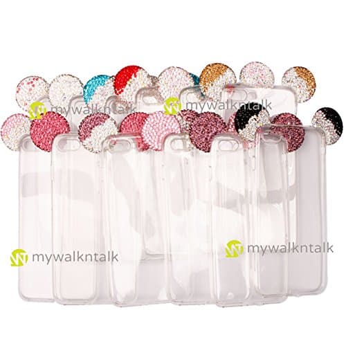 3D Bling Mickey Mouse Ears Shiny Glitter Crystal Diamond Back Case Cover Transparent Soft TPU With Free Neck Strap For Apple iPhone 6s Plus - Light Pink