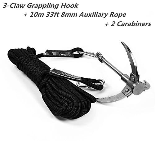 Cyfie Grappling Hook, with 10m/33ft 8mm Auxiliary Rope Upgraded Claw Stainless Steel Carabiner for Outdoor Activities EDC Tool In Your Bug Out Bag