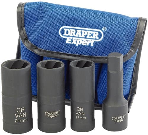 EXPERT 4 PIECE 1/2" SQ. DR. WHEEL NUT DOUBLE IMPACT SOCKET KIT - Expert Quality, three double-ended impact sockets size 17, 19 and 21mm. One end is hexagon 6pt and the other a reverse conical gripper thread for the removal of locking wheel nuts. Supplied with a 1/2" sq. dr. 75mm impact extension bar. Packed in a nylon wallet with hook and loop closure in display carton.