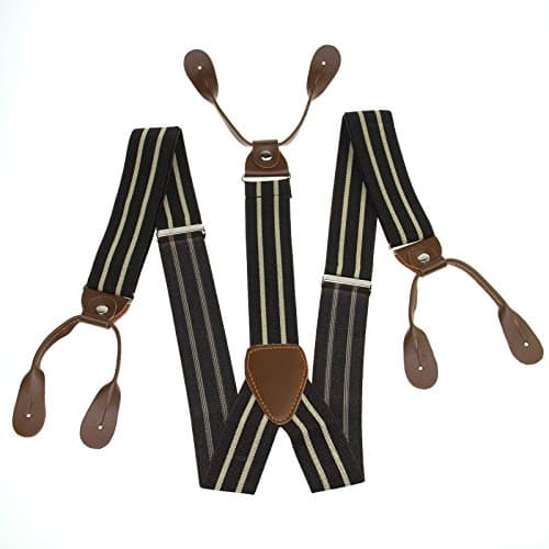 Suspenders Braces Polyester Elastic Adjustable Button Holes Stripe Dark Coffee Beige