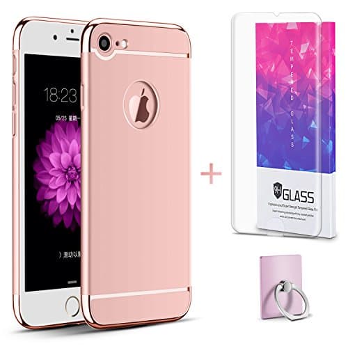 Hanglong 3 in 1 Full Protective Phone Case with Electroplate Frame For iPhone 7 (with one Tempered Glass Screen Protector)-Rose gold