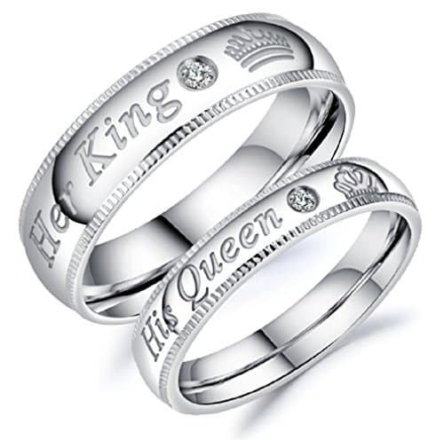 His or Hers (Sold Separate Price Is for ONE Ring Only) "His Queen" "Her King" Stainless Steel Couple Wedding Bands Ring with CZ Stone-CR152 (Men's size Q)