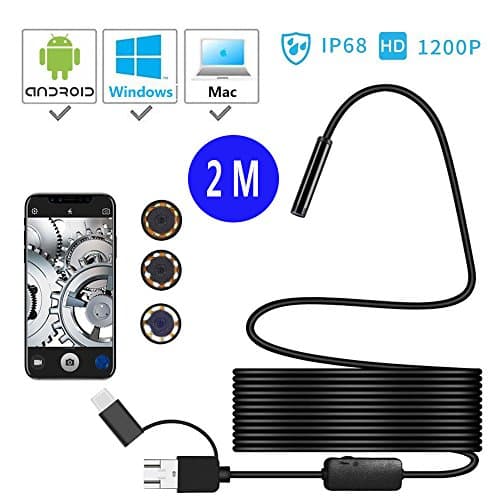 Usb Endoscope,Premium 3 In1 USB Semi-rigid Flexible Snake Camera 2 Megapixels HD 1200P USB Borescope, IP68 Waterproof with 8 Adjustable LED Lights for Android Smartphone, Tablet, PC and Mac