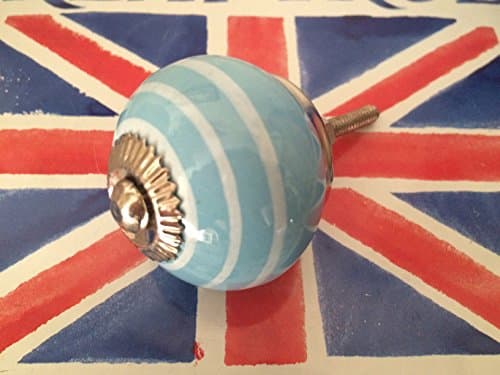 BLUE and white stripe striped ceramic KNOB handle pull for furniture (drawers, cupboard doors etc)