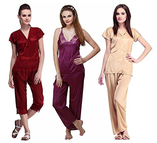 Miss Pixy Women's Solid Full Length Top, Pyjama &amp; Capri Set Of 6 Poly Satin Nightsuits Night Wear Dress