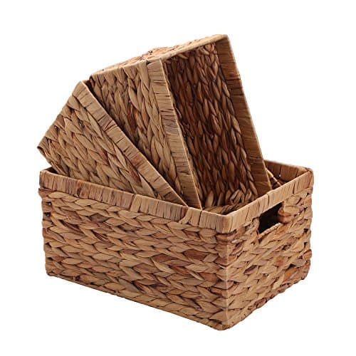 Storage container, Natural water hyacinth Storage Bins Rectangular Basket,Metal frame,Kingwillow (Set of 3, TypeD)