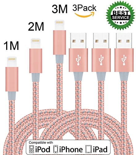 Xinfaxin iPhone Cable 3Pack 3FT 6FT 10 FT Lightning Cable Nylon Braided for iPhone SE, 7, 7 plus, 6s, 6s plus, 6plus, 6, 5s 5c 5, iPad Mini, Air, iPad 5, iPod on iOS9 (Rose gold &amp; gray)