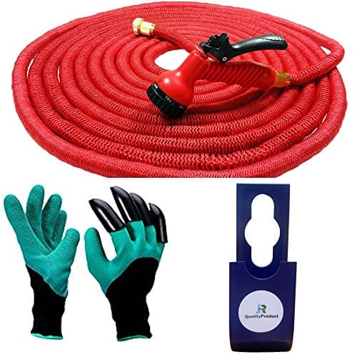 100ft The Latest Generation Red Expanding Super Hose Pipe with Claw Gardening Gloves & Hanger, 7 Function Spray Gun and Fitted Garden Tap Connector – This Expandable Hose is Manufactured to a higher Tough Specification – Warranted - 6 Months Expands up to 3 Times its Original Length – Lightweight and No more Kinking – Shrinks like Magic for Easy Storage.