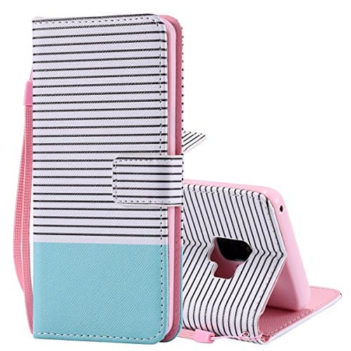 Galaxy S9 Case,S9 Case,Snewill S9 Wallet Case PU Leather Flip Case Cover with Card Slots &amp; Kickstand for Samsung Galaxy S9 - Minimal Mint Stripes