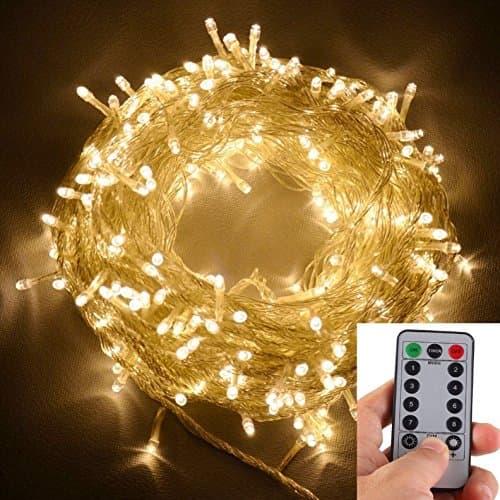 Quality 300 Warm White Waterproof LED Fairy String Lights with Wireless Battery Remote and Timer, Suitable for Outdoor & Indoor Use (8 Light Modes, Dimmable, Clear/Green Cable) (Clear Cable)