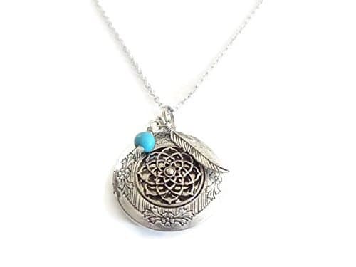 Aromatherapy Yoga Essential Oils Diffuser Necklace with Turqouise Bead and Leaf, Locket / Pendant / Charm with Chain for Personal Health, Stress Reduction, Serenity, and Well Being - By Kenza by Kenza