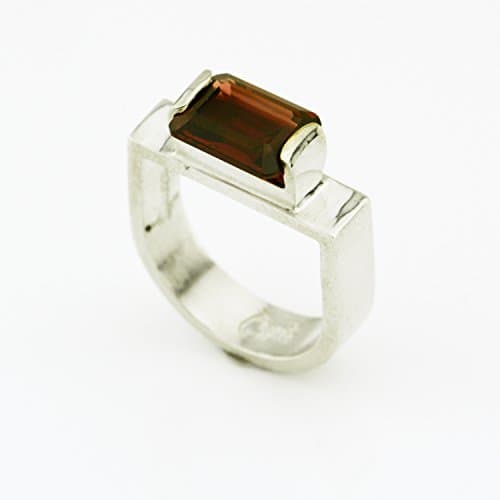 Sterling Silver Emerald cut Garnet Ring Stirrup Design Fine Handmade Jewelry Red Garnet Solitaire Ring Modern Minimalist
