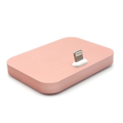 iProtect Slim Metallic Docking Charging station with 8 Pin Lightning Connection 3.5mm Audio Output and 8 Pin Lightning Cable - in rose gold for Apple iPhone 5 5s 5c SE, iPhone 6 6 Plus 6s 6s Plus, iPhone 7 7 Plus, iPhone 8 8 Plus, iPhone X
