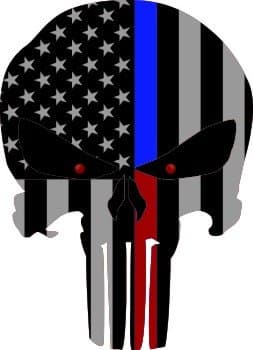 Subdued US Flag Punisher Skull Reflective Decal with Thin Blue/Red Line (6"x4")