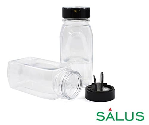 SALUSWARE - 2 PACK - 14 Oz with Black Cap - Plastic Jars Bottles Containers – Perfect for Storing Spice, Herbs and Powders – Lined Cap - Safe Plastic – PET - BPA free - Made in the USA