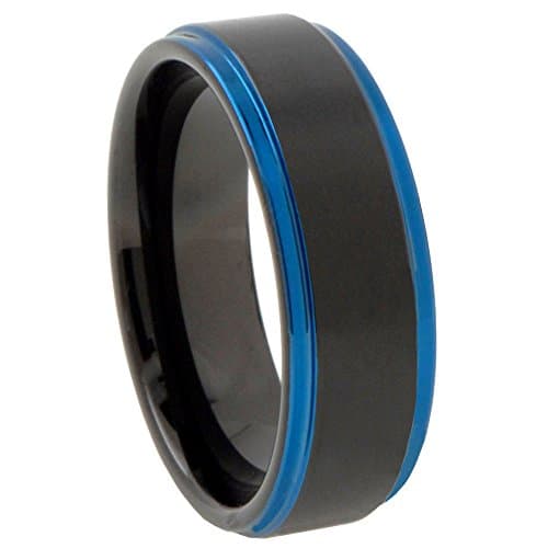 EMFY Tungsten Carbide Matte Black Blue Step Edges Ring Size 11.5