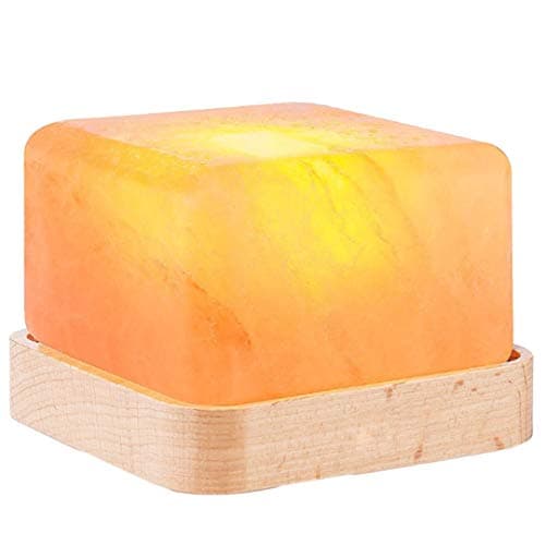 Authda Himalayan Rock Salt Lamp Square Wooden Bottom Bedside Light Release Negative Ions Creative Household Living Room Night Light 12CM*12CM Table Light Pink