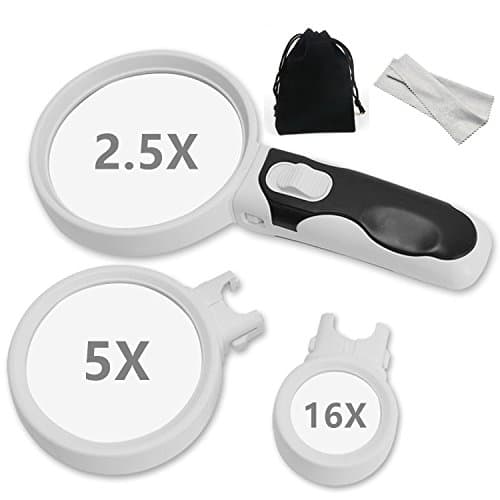 Magnifying Glass Set with LED light, 3 Illuminated Lens 2.5X 5X 16X , Best magnifier for Seniors, Kids and Computers, Low Vision Aid for Reading, Jewelery Loupe and Macular Degeneration