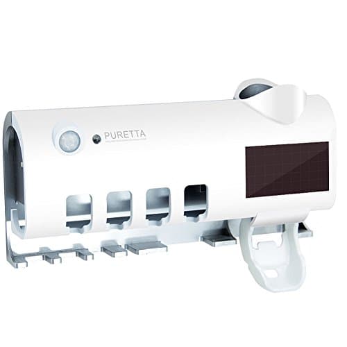 Puretta UV Toothbrush Holder Sanitizer Sterilizer Wall Mounted Automatic Toothpaste Dispenser Squeezer Rechargeable 4 Tooth Brush Grooves with 3M Adhesive Kill Bacteria Germ in Bathroom (White)