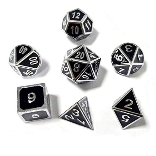 DND Dice, Metal Silver Green Luxurious Polyhedral Dice Set D&D Role Playing Game Dungeons & Dragons Pathfinder RPG Table Games D20 D12 D10 D8 D6 D4 (Silver Black)