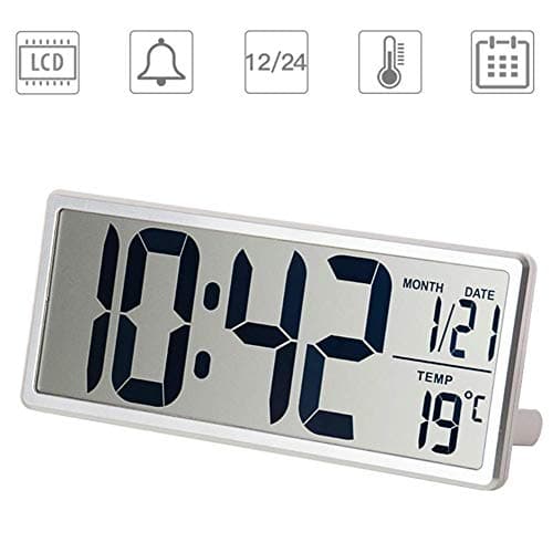 HEDDK LCD Digital Alarm Clock Large Wall Clock Displays Temperature And Calendar Desk Clock With Snooze Silent Electronic Clock Bedroom Living Room,Silver