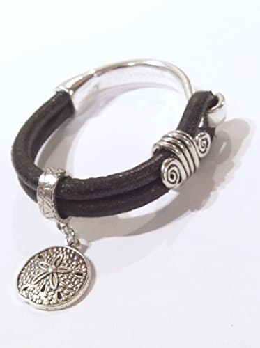 Black Italian Leather Bracelet with Silver Half Cuff Bangle Hook Clasp / Silver Sand Dollar Charm / Silver Double Swirl Slider Charm