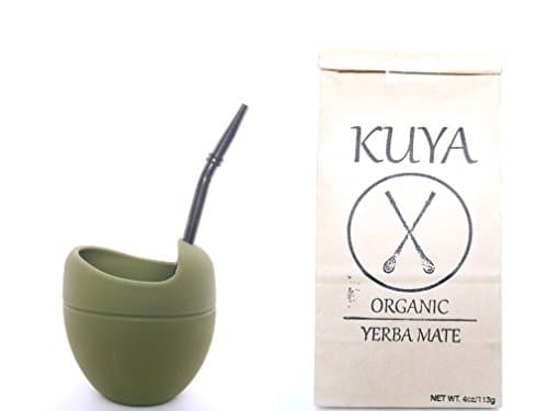 Kuya Organic Yerba Mate Beginner Starter Pack Kit - Silicone Mate Gourd With Yerba Mate (Green Gourd/Black Straw)