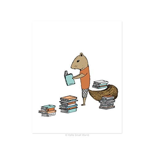Reading Print, Children's Reading Print, Squirrel Print, Reading Squirrel Art, Books Print