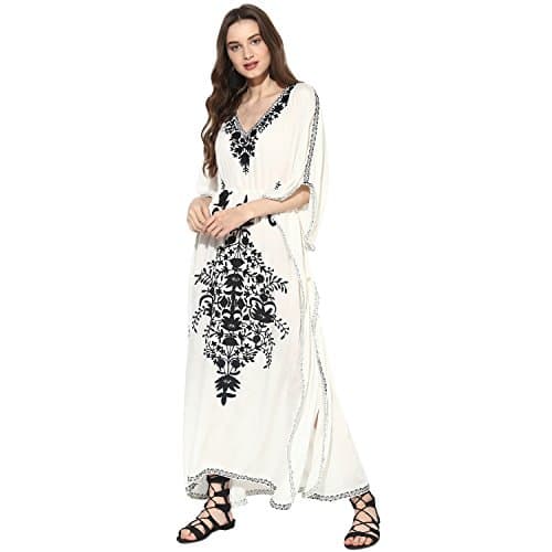 Women's Boho Embroidered White Kaftan (Free Size)