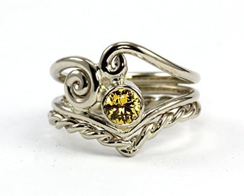 Angelic Natural Yellow Canary Sapphire Script Ring Set - 14k-18k Palladium White, Rose Gold or Yellow Gold - Wedding Band Engagement Ring Set, Promise Ring, Anniversary - Handmade