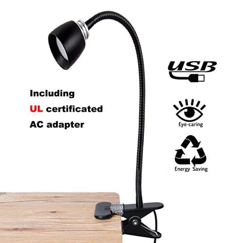 FOCUSAIRY Reading Light Lamp, Night Book Light, Energy-Efficient 3W LED Table Desk Lamp, 2 Brightness Levels Clip On for Desk Bed Headboard and Computers with USB Cable & AC Adapter (Black)