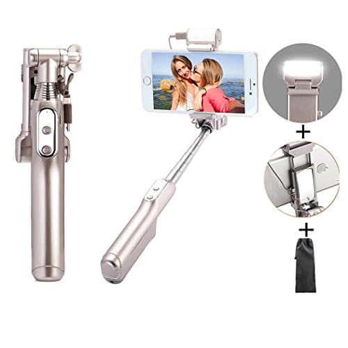 Wireless Selfie Stick with Fill Light and Mirror for iphone X/8 8plus/7 7plus/6s 6splus,Samsung S9 S9 Plus/Note 8/S8 S8Plus Qicool Extendable Monopod Compatible with LG, Huawei and Most Phones-Gold