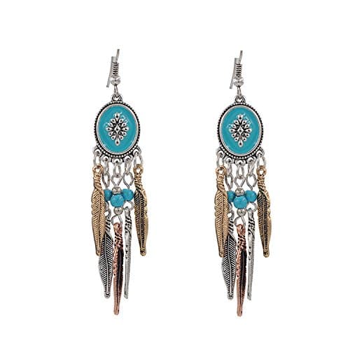 Retro Imitation turquoise feather tassel dangle earrings