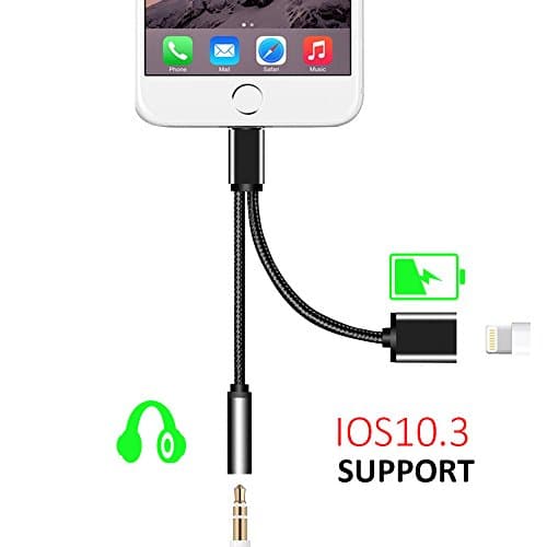 Adapter for iphone 7 Plus Headphone for iPhone 7 Adapter 2 in 1 Lightning Cable 3.5mm by IZERUO Aux Jack Audio Earphone Adapter for iPhone 7 Plus Support ios 10.3 (Black)