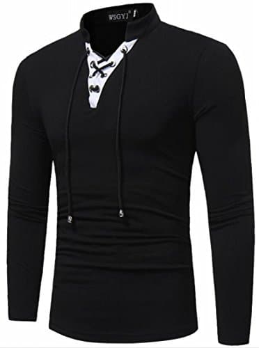 xtsrkbg Men's Stylish Solid Long Sleeve Pullover Lace-up V Neck Shirt Top Black M