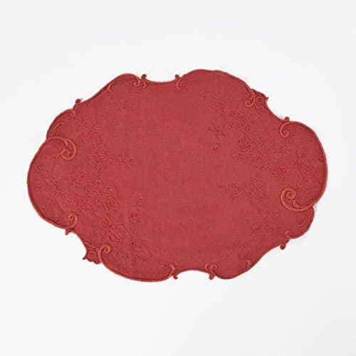 4 Piece Rouge Placemats, Design Embroidered Pattern, Linen Material, Formal Traditional, Spot Treat, Indoor, Stone Washed 100-Percent Linen Placemats, Perfect For Gathering Of Friends Family