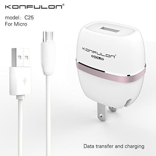 Konfulon C25 1.0A USB Charger+Micro Cable ,Durable Charging Cable for Samsung, Nexus, LG, Motorola, Android Smartphones and More (White)