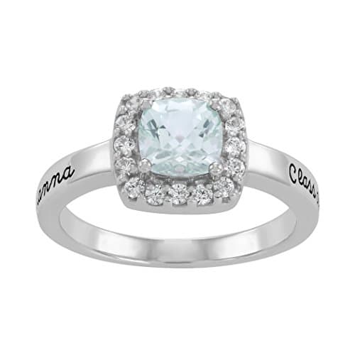 Reflection Simulated Birthstone Engraved Women's High School Class Ring, Sterling Silver