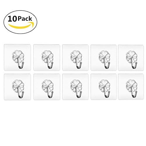 ATECKING Strong Adhesive Hooks-10-Hooks, 13.2lb/6kg(Max) Nail Free Transparent Wall Hooks for Towel Loofah Bathrobe Clothes-No Scratch, Waterproof and Oilproof
