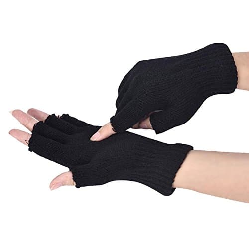 Moonfully Men Black Knitted Stretch Elastic Warm Half Finger Fingerless Gloves